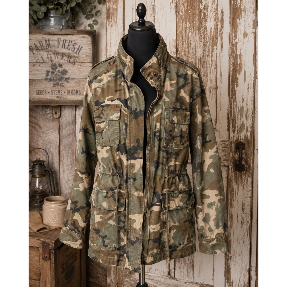 Love Tree Camo Utility Jacket Womens Small Green Military Field Coat 100% Cotton